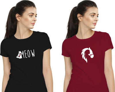 Stylimo Printed Women Round Neck Red, Black T-Shirt