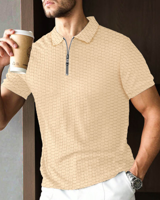 AUSK Self Design Men Polo Neck Beige T-Shirt