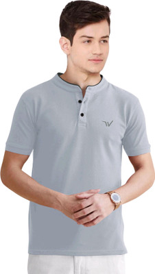 click n buy Solid, Printed Men Mandarin Collar Grey T-Shirt