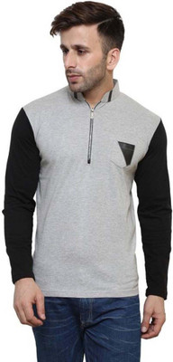 Blisstone Self Design Men Mandarin Collar Grey T-Shirt