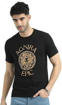 AGNIRA Printed Men Round Neck Black T-Shirt