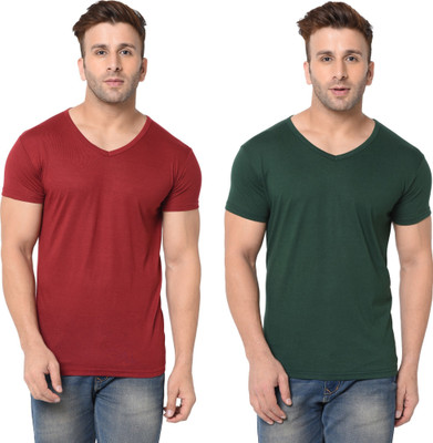 Tresna Trending Solid Men V Neck Dark Green, Maroon T-Shirt