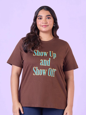 Big Hello Printed Women Round Neck Brown T-Shirt