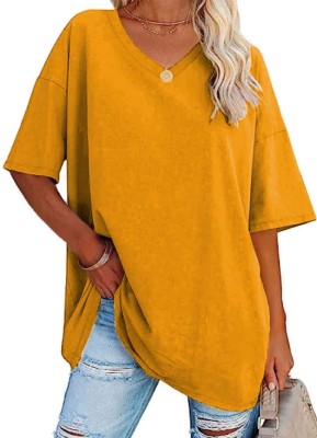 THE BLAZZE Solid Women V Neck Yellow T-Shirt