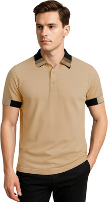 hoshiii Solid, Striped Men Polo Neck Black T-Shirt