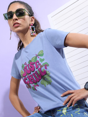 Tokyo Talkies Printed Women Round Neck Blue T-Shirt