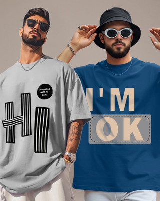 AOOSH Graphic Print Men Round Neck Grey, Dark Blue T-Shirt
