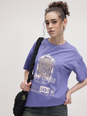 Roadster Printed Women Round Neck Blue T-Shirt