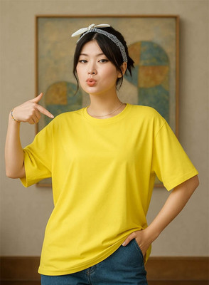 Hazuku Solid Women Round Neck Yellow T-Shirt