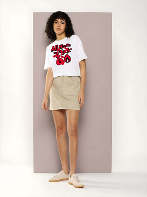 Kaido Self Design Women Round Neck White T-Shirt