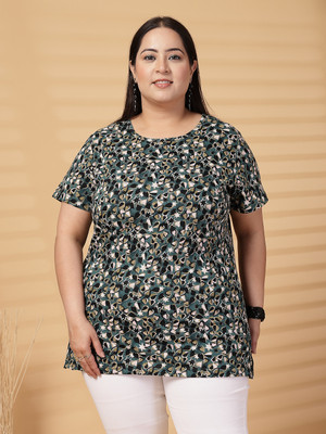 PLUSS Printed Women Round Neck Black, Green T-Shirt