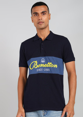 United Colors of Benetton Printed Men Polo Neck Dark Blue T-Shirt