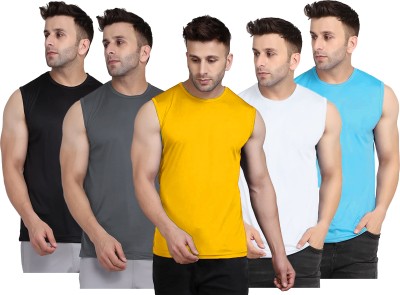 UDI n ADI Solid Men Round Neck Yellow, Grey, Black, White, Light Blue T-Shirt