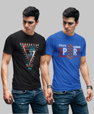 JILZ Printed Men Round Neck Dark Blue, Black T-Shirt