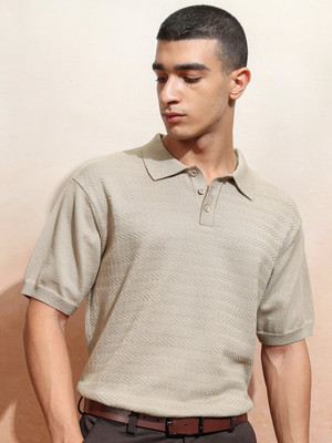 HIGHLANDER Self Design Men Polo Neck Beige T-Shirt