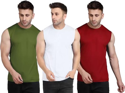 Think Tech Solid Men Round Neck Dark Green, White, Maroon T-Shirt