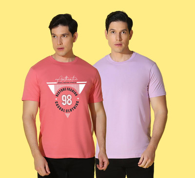 WOOSTRO Printed Men Round Neck Pink, Purple T-Shirt