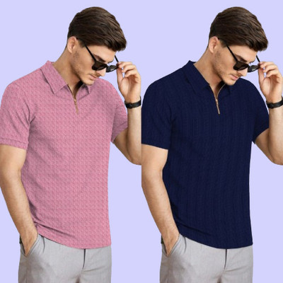 TELOXY Solid Men Polo Neck Pink, Dark Blue T-Shirt