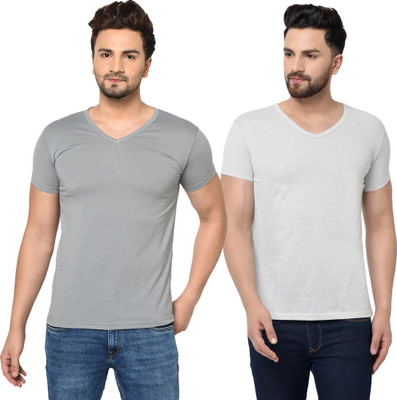 Tresna Trendy Solid Men V Neck Grey T-Shirt