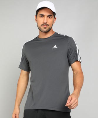 ADIDAS Striped Men Round Neck Grey T-Shirt