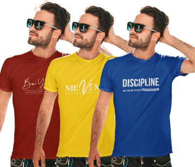 Stylewill Typography Men Round Neck Blue, Maroon, Yellow T-Shirt