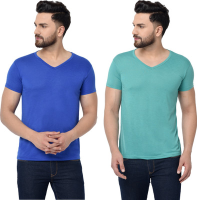 Tresna Trending Solid Men V Neck Blue, Light Green T-Shirt