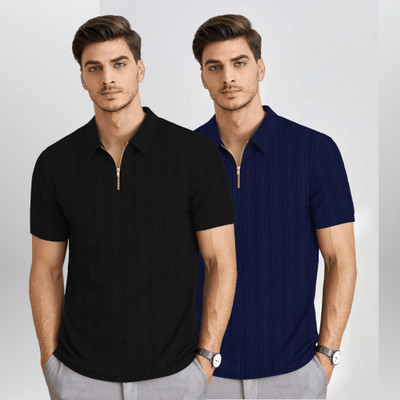 BROWEARS Self Design Men Zip Neck Black, Blue T-Shirt