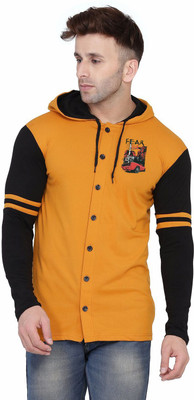 Money Leaf Graphic Print Men Hooded Neck Gold, Black T-Shirt