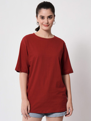 FUNDAY FASHION Solid Women Round Neck Maroon T-Shirt