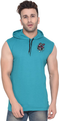 Lawful Casual Solid, Printed Men Hooded Neck Light Green T-Shirt