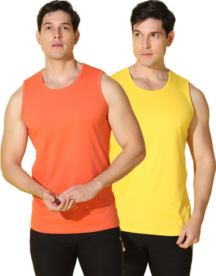 WOOSTRO Solid Men Round Neck Orange, Yellow T-Shirt