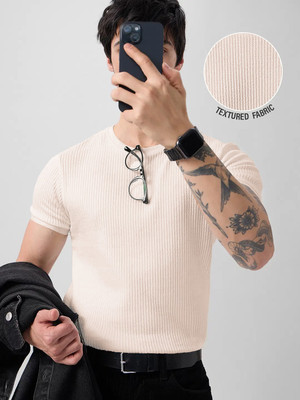 GELAI ENTERPRISE Self Design, Solid, Striped Men Round Neck Beige T-Shirt