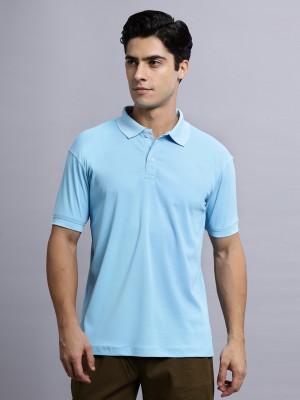 N AND J Solid Men Polo Neck Light Blue T-Shirt