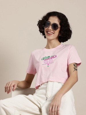 HERE&NOW Printed Women Round Neck Pink T-Shirt