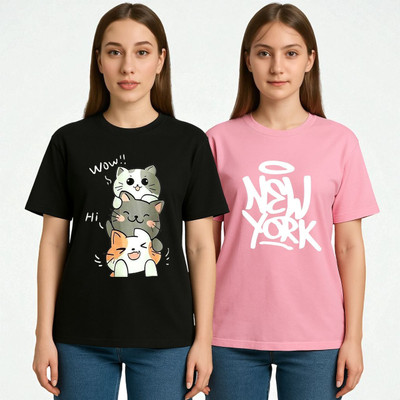 Elvia Graphic Print Women Round Neck Black, Pink T-Shirt