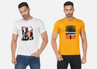 GLOBAL NOMAD Printed Men Round Neck White, Yellow T-Shirt