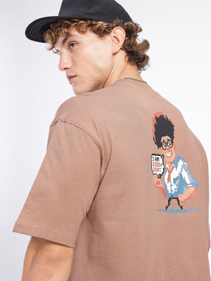 Glitchez Printed Men Round Neck Brown T-Shirt