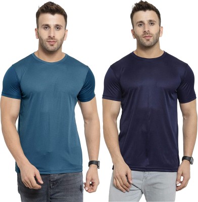 Think Tech Solid Men Round Neck Dark Blue T-Shirt