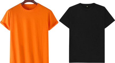 P collection Solid Men Round Neck Orange, Black T-Shirt