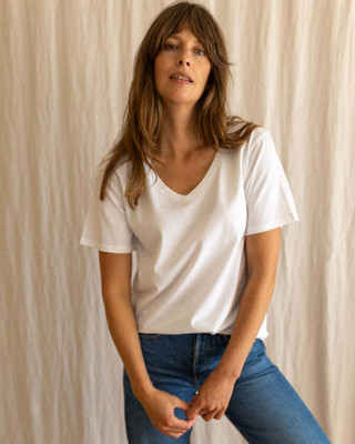 COLOR CAPITAL Striped Women V Neck White T-Shirt