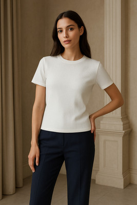 ORIFAB Solid Women Round Neck White T-Shirt