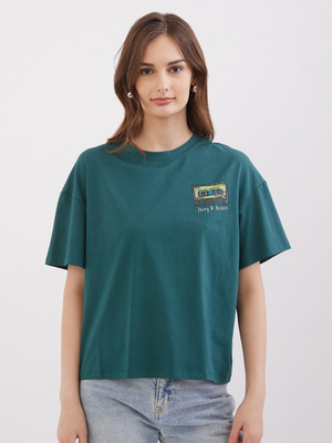 Spykar Printed Women Round Neck Green T-Shirt