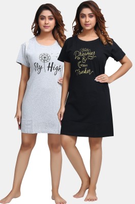 Fasla Printed Women Round Neck Grey, Black T-Shirt
