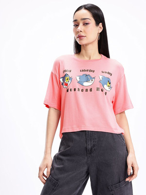 Kook N Keech Printed Women Round Neck Pink T-Shirt