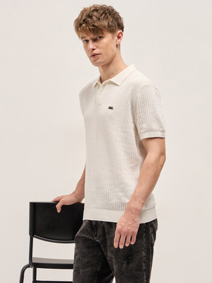 THE BEAR HOUSE Self Design Men Polo Neck White T-Shirt