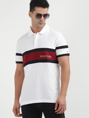 TOMMY HILFIGER Striped Men Polo Neck White T-Shirt