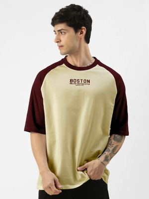 MANIAC Typography Men Round Neck Maroon, Yellow T-Shirt