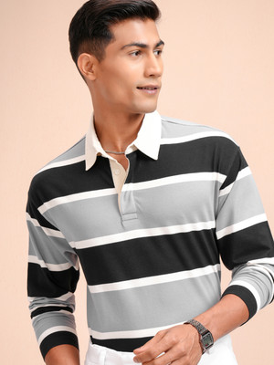 HIGHLANDER Striped Men Polo Neck Black T-Shirt