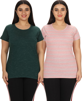 YUALIN CREATION Striped Women Round Neck Pink, Green T-Shirt