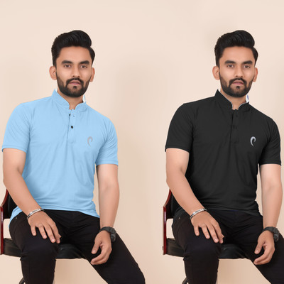 Pio Sports Printed, Solid Men Mandarin Collar Multicolor T-Shirt